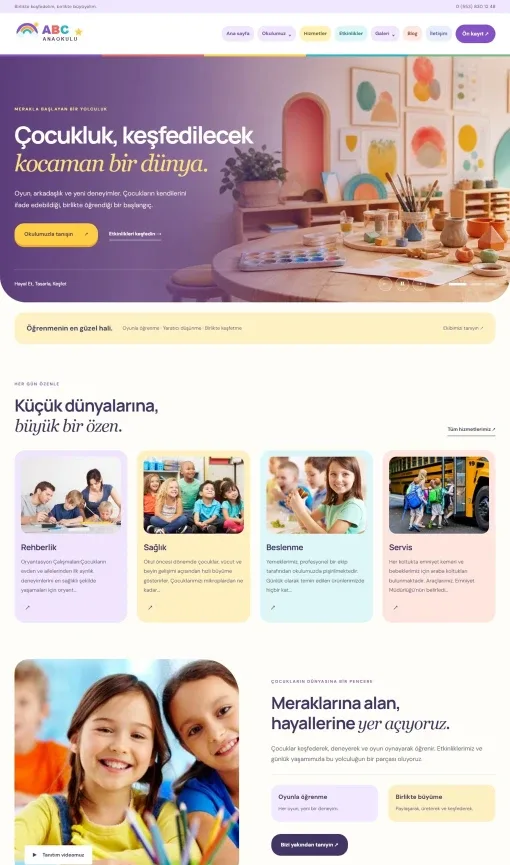Anaokulu ve Kreş PHP Web Sitesi Tasarımı masaüstü ana sayfa ekran görüntüsü